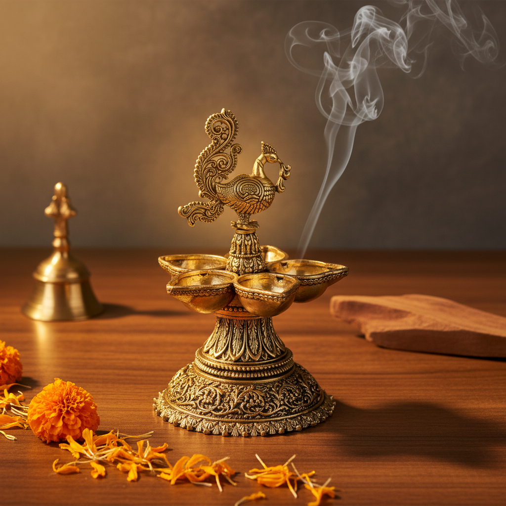 Antique Brass Peacock Diya – Multi Wick Oil Lamp for Pooja & Home Décor