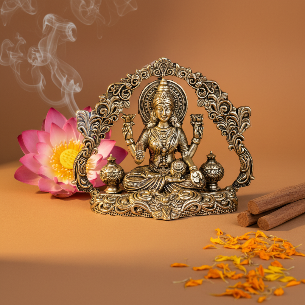 Antique Brass Goddess Lakshmi Idol with Decorative Arch