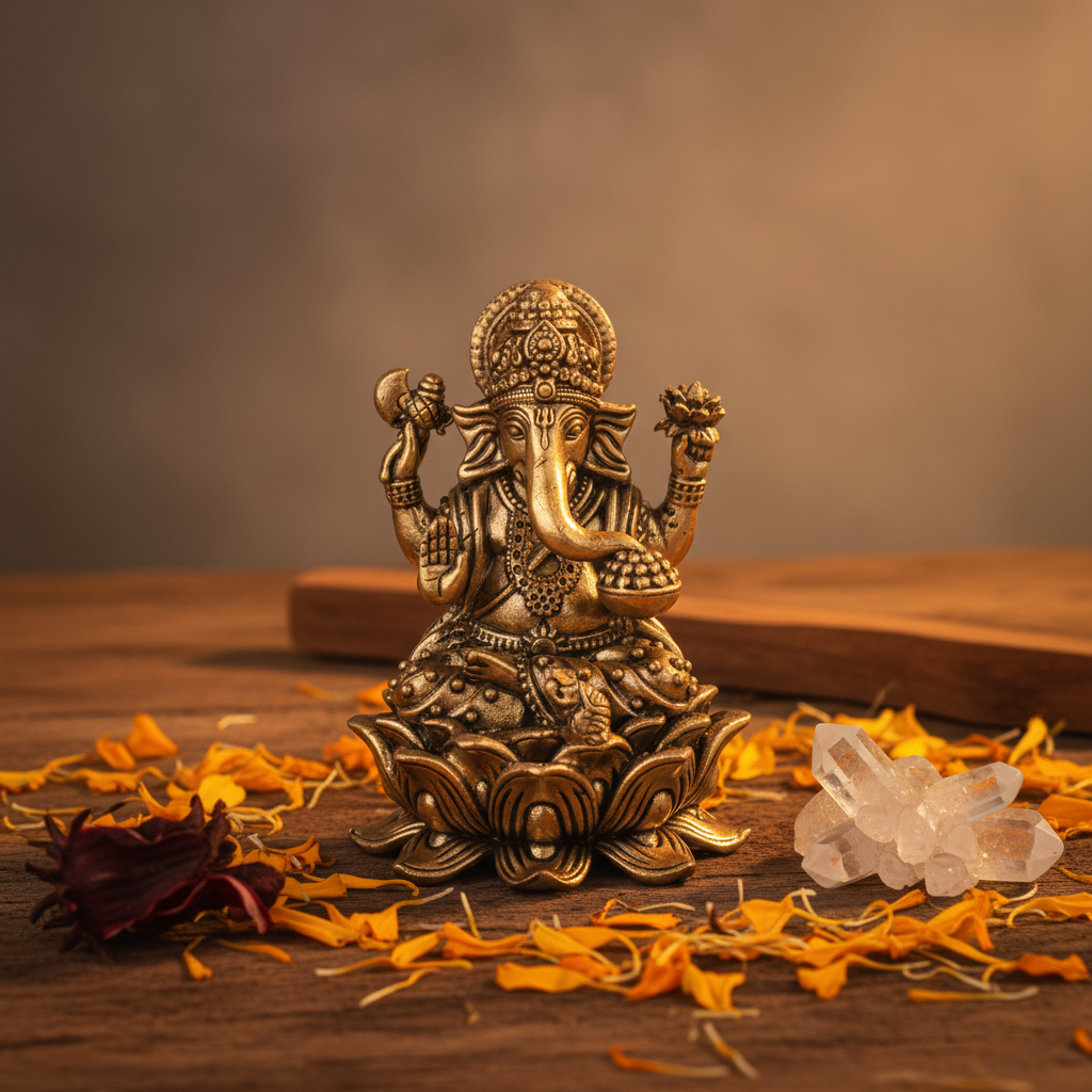 Antique Brass Ganesha Idol on Lotus – Fine Brass Ganpati