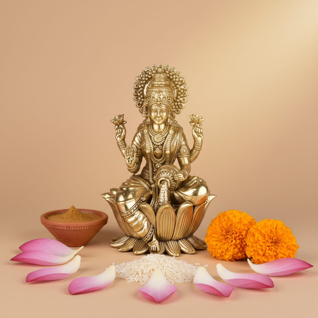 Antique Brass Goddess Lakshmi Idol Sitting on Lotus