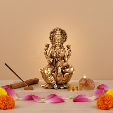Antique Brass Lakshmi Idol – Maa Laxmi Murti with Coin Flow