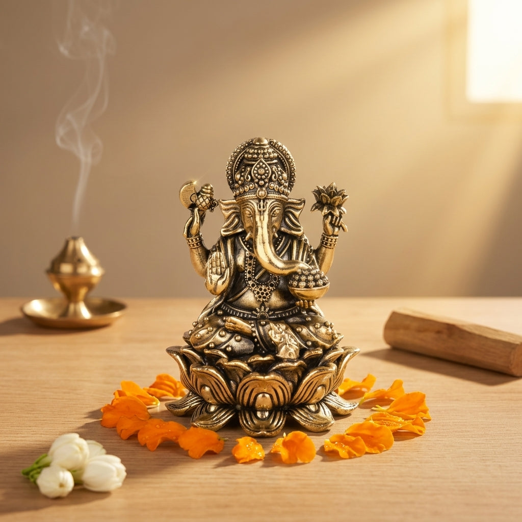 Antique Brass Ganesh Idol – Premium Lotus Base Showpiece