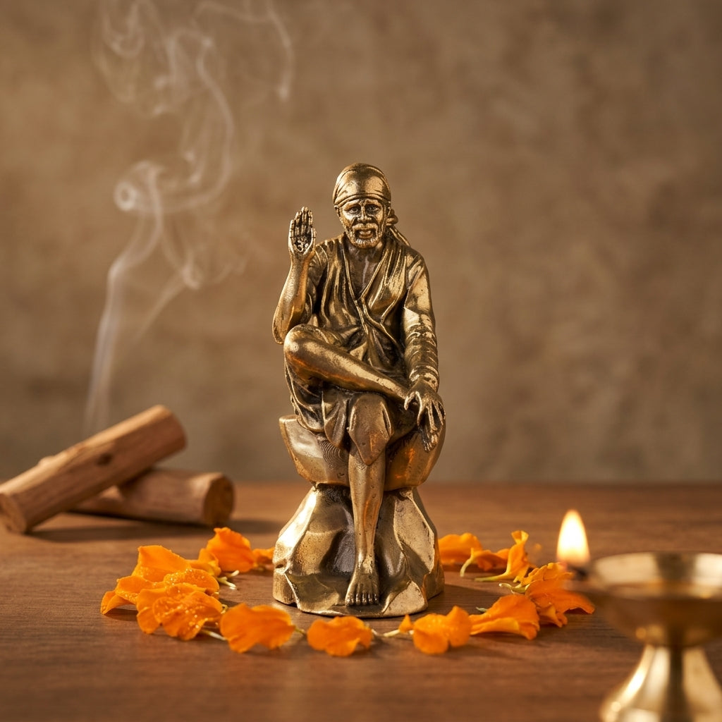 Antique Brass Shirdi Sai Baba Idol | Fine Brass Sai Baba Murti in Blessing Pose