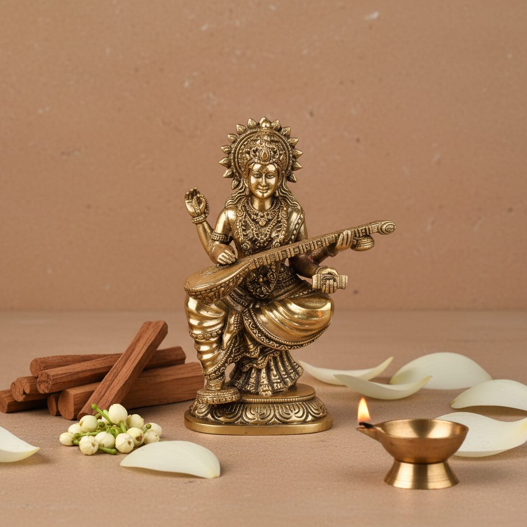 Antique Brass Goddess Saraswati Playing Veena on Sofa Idol