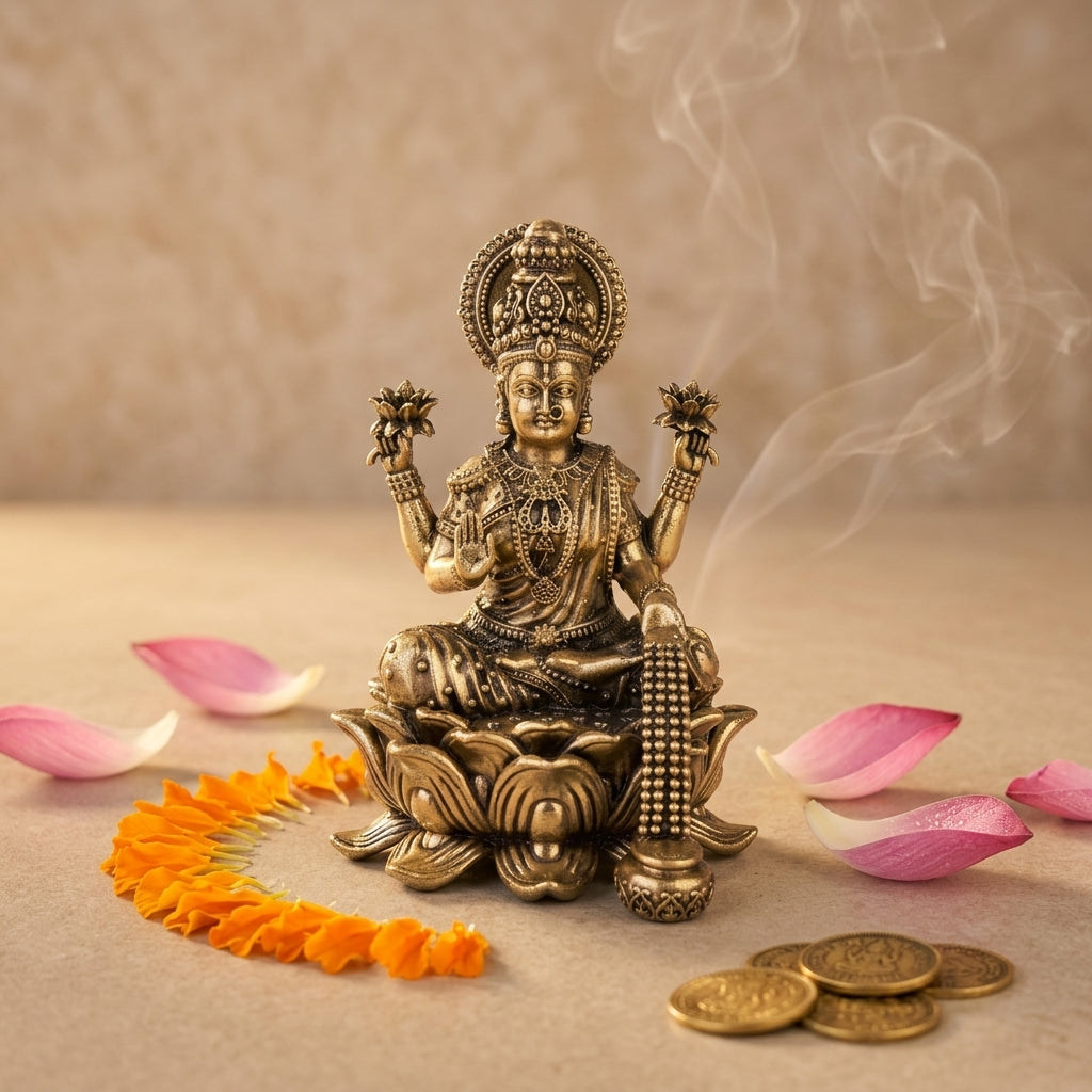 Antique Brass Maa Lakshmi Idol with Coin Flow | Fine Brass Laxmi Murti