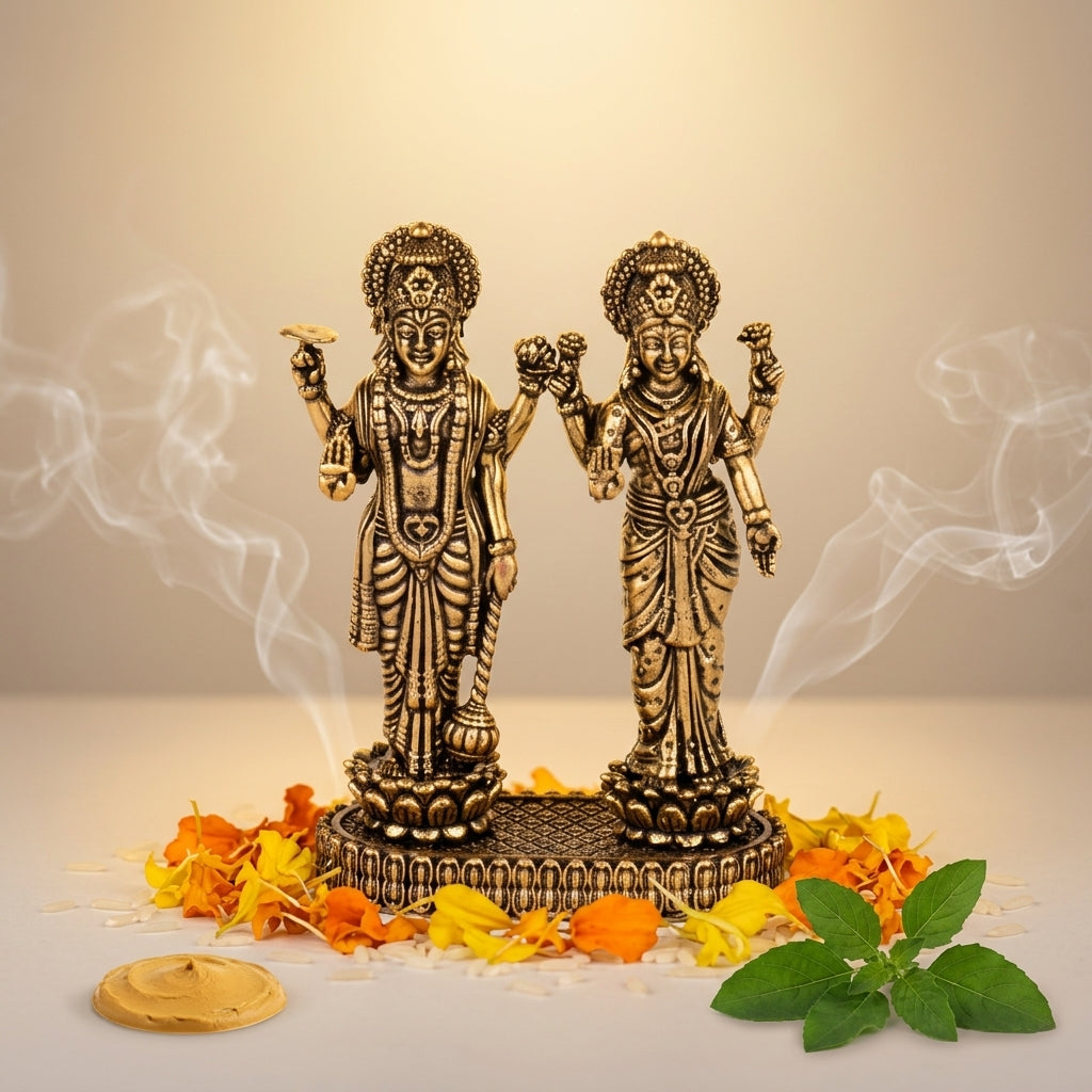 Antique Brass Lakshmi Vishnu Idol Set | Fine Brass Laxmi Narayan Murti