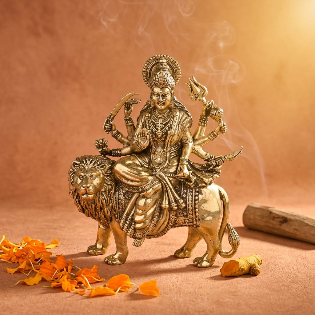 Antique Brass Maa Durga Idol on Lion – Sherawali Murti