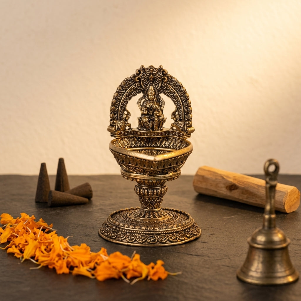 Antique Brass Lakshmi Diya Stand with Arch | Goddess Lakshmi Oil Lamp