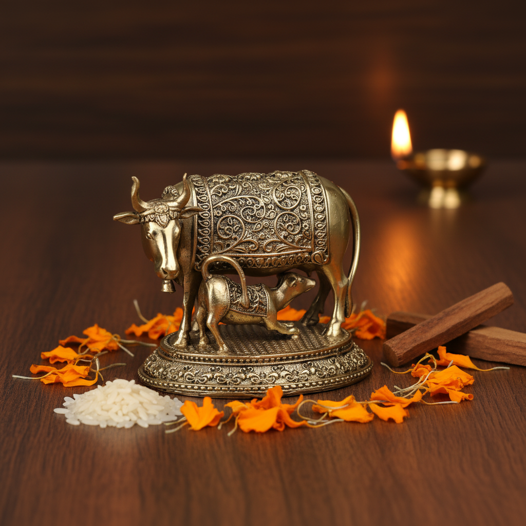 Antique Brass Kamdhenu Cow with Calf Idol | Fine Brass Gau Mata Murti