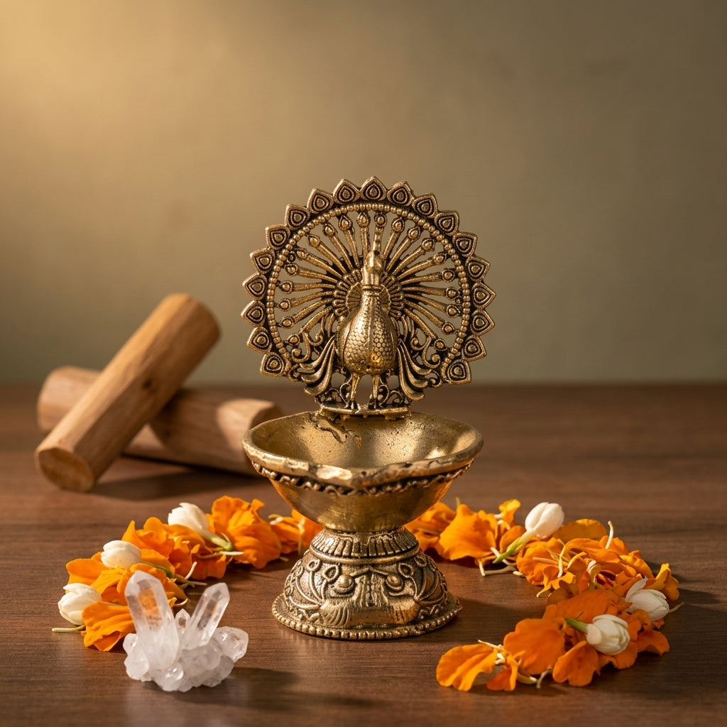 Antique Brass Peacock Diya Stand | Mor Design Oil Lamp