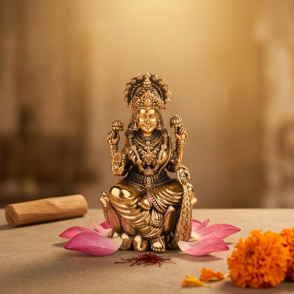 Antique Brass Goddess Lakshmi Idol Sitting on Lotus | Laxmi Murti