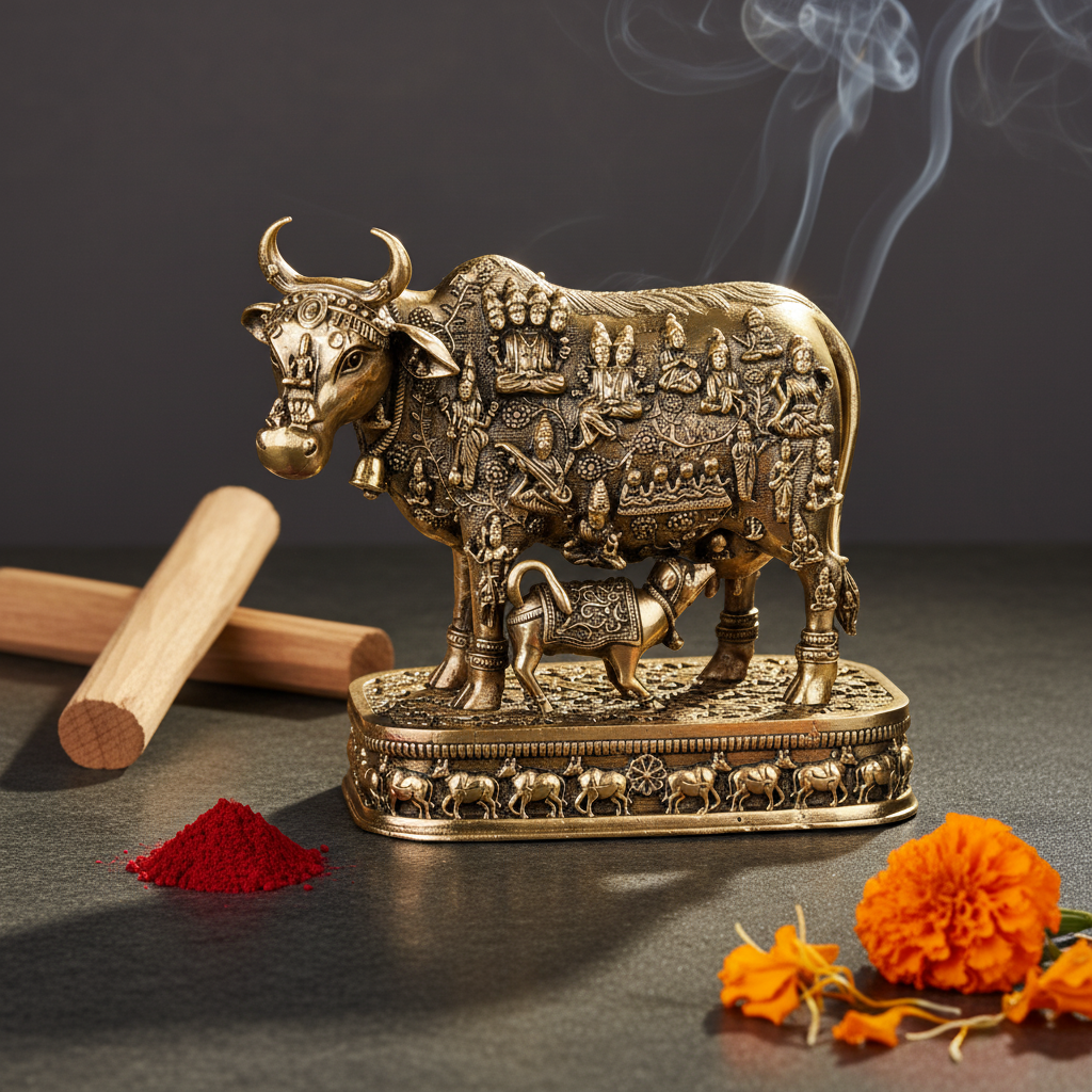 Antique Brass Cow & Calf Idol – Kamdhenu Statue