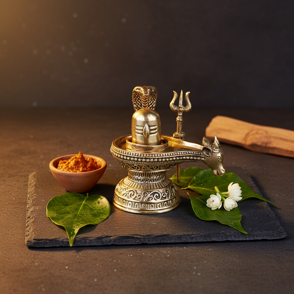 Antique Brass Shivling with Nandi and Trishul | Small Handcrafted Shiva Lingam