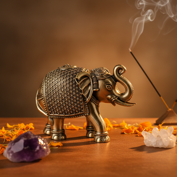 Antique Brass Royal Pattern Elephant Idol | Fine Brass Textured Elephant