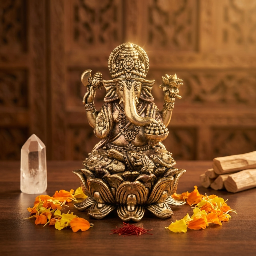 Antique Brass Ganesh Idol – Heavy Premium Lotus Base Showpiece
