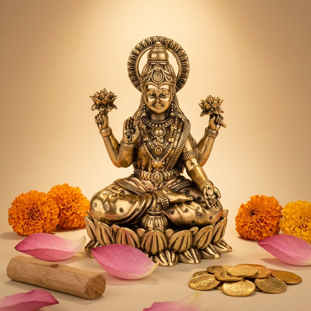 Antique Brass Goddess Lakshmi Idol Sitting on Lotus | Wealth & Prosperity Statue