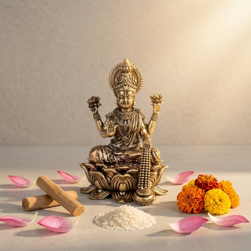 Antique Brass Maa Lakshmi Idol Sitting on Lotus | Fine Brass Goddess Lakshmi