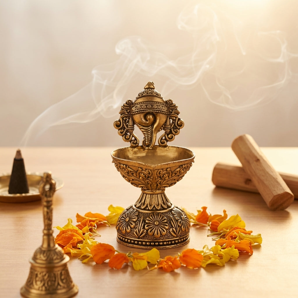Antique Brass Shankh Diya Stand | Conch Design Oil Lamp