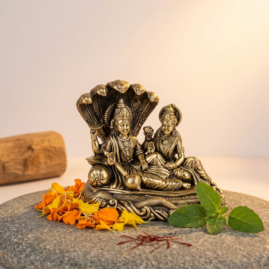 Antique Brass Laxmi Narayan Idol – Vishnu Lakshmi Murti on Sheshnaag
