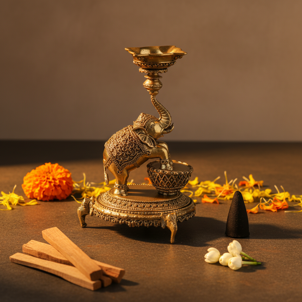 Fine Brass Elephant Diya Oil Lamp for Home Temple & Décor – Medium Size