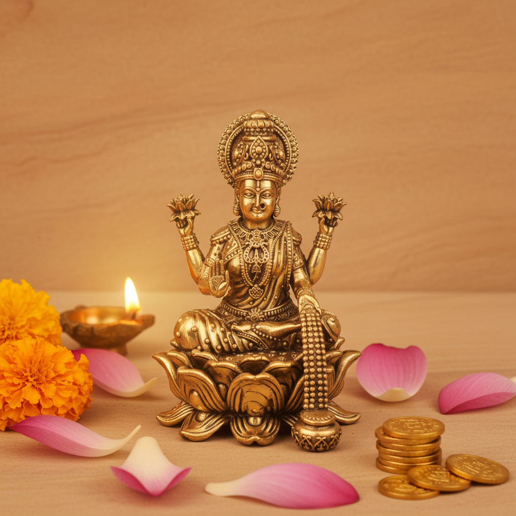 Fine Brass Maa Lakshmi Idol on Lotus – Medium Size