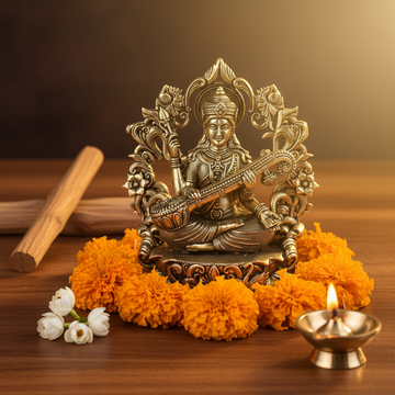 Antique Brass Goddess Saraswati Idol with Veena | Fine Brass Saraswati Murti