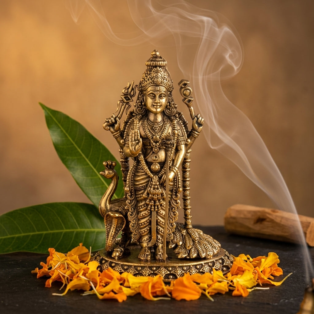 Antique Brass Lord Kartikeya Murugan Idol with Peacock | Subramanya Swamy Statue