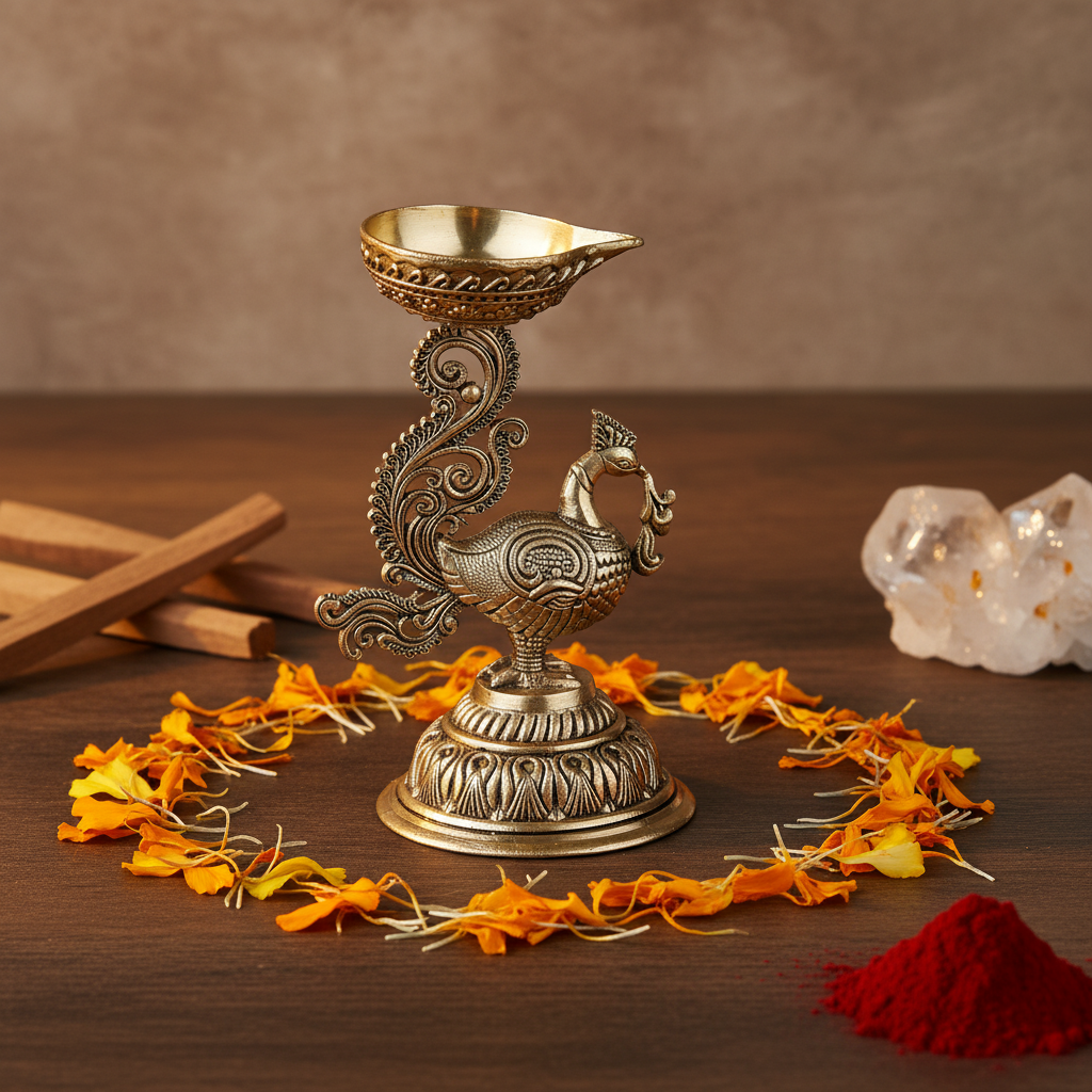 Fine Brass Peacock Diya Oil Lamp for Home Temple & Décor – Medium Size