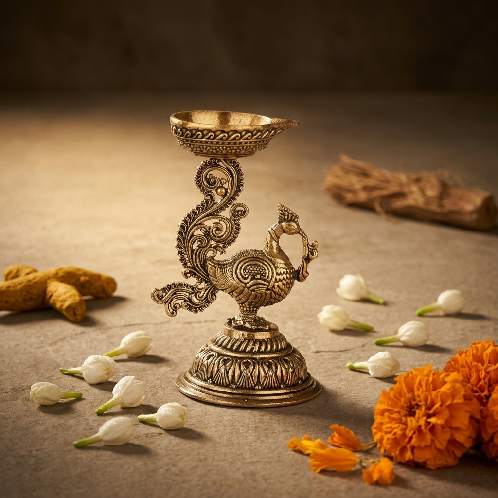 Antique Brass Peacock Diya Oil Lamp | Decorative Brass Diya for Pooja