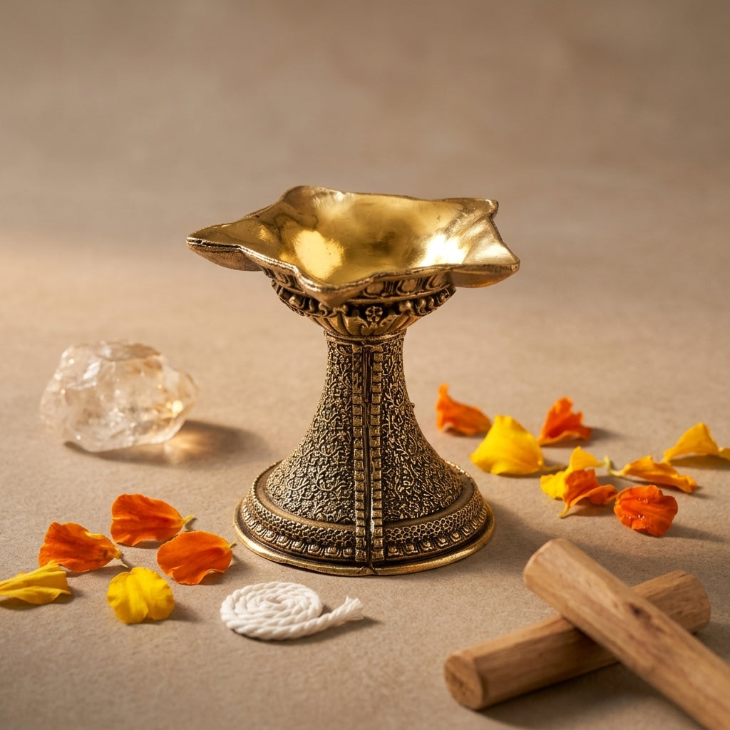 Antique Brass Diya Stand Oil Lamp | Premium Wide Plate Brass Deepak for Pooja