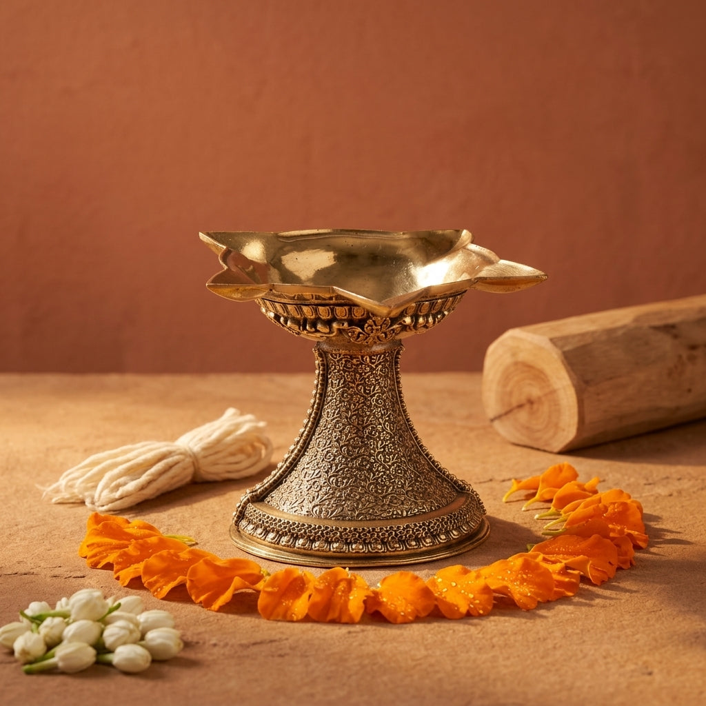 Heavy Antique Brass Lotus Diya Stand | Large Decorative Brass Oil Lamp