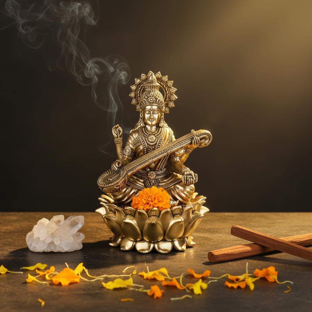 Fine Brass Saraswati Idol on Lotus – Medium Size