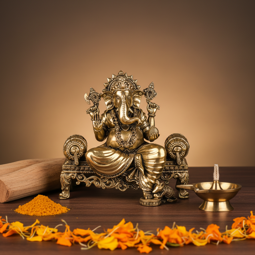 Antique Brass Lord Ganesha Sitting on Sofa Idol | Fine Brass Ganpati Murti