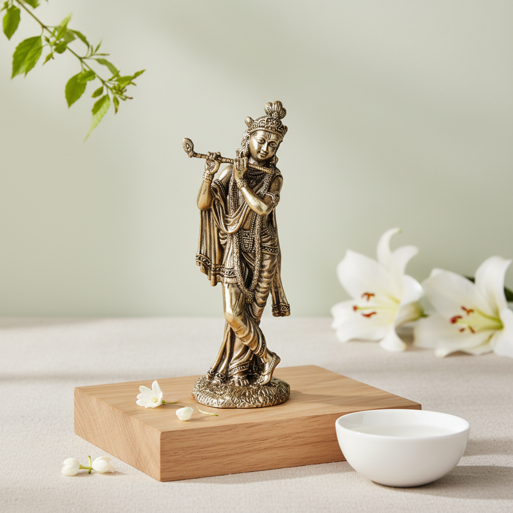 Fine Brass Standing Krishna Idol with Flute – Decorative Showpiece