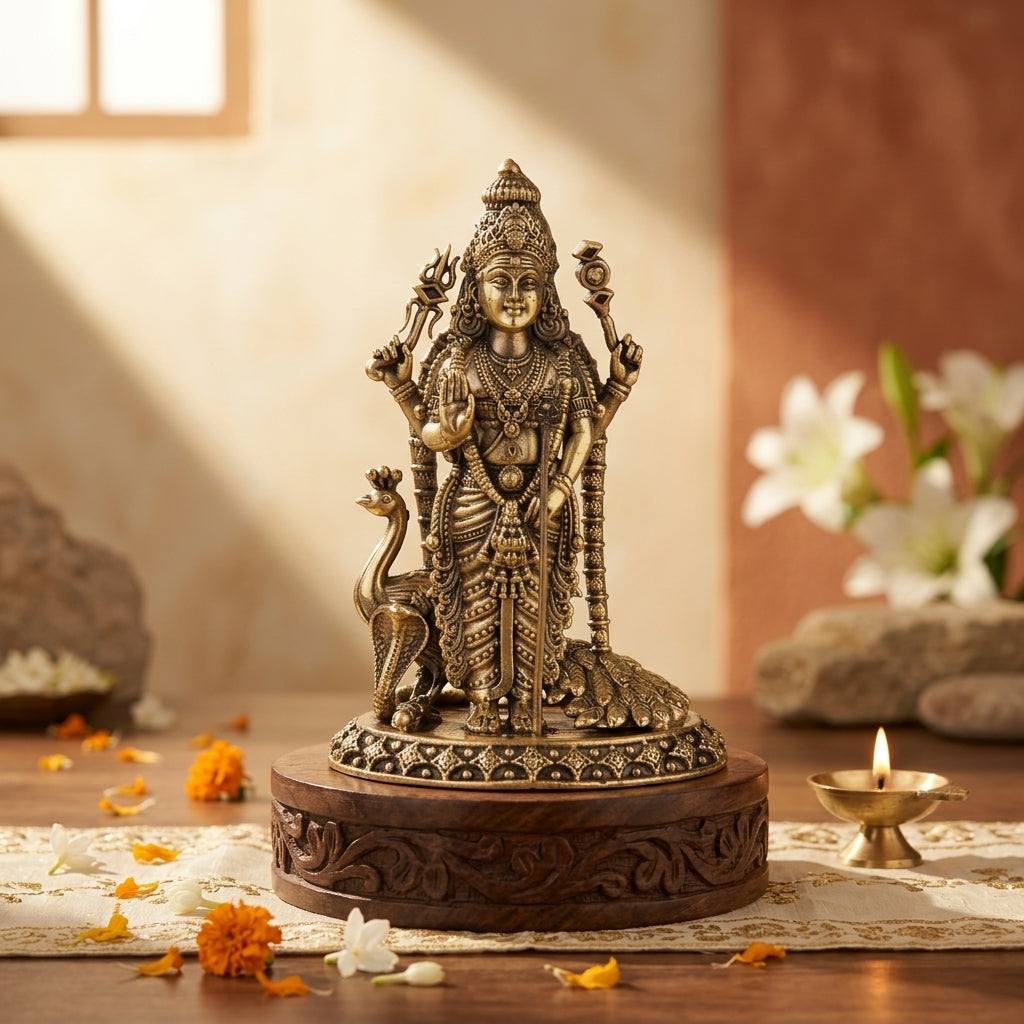 Antique Brass Lord Kartikeya Murugan Idol with Peacock | Subramanya Swamy Statue