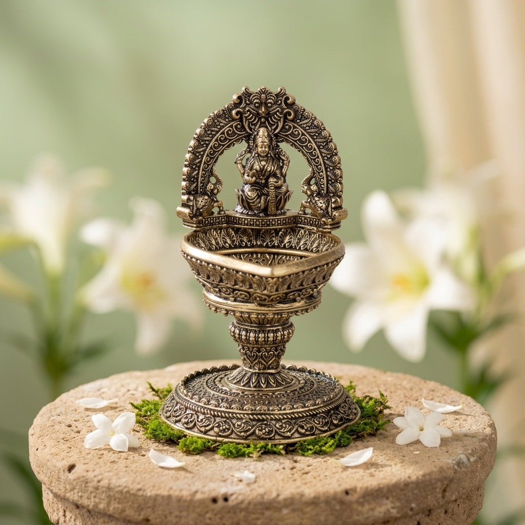 Antique Brass Lakshmi Diya Stand with Arch | Goddess Lakshmi Oil Lamp