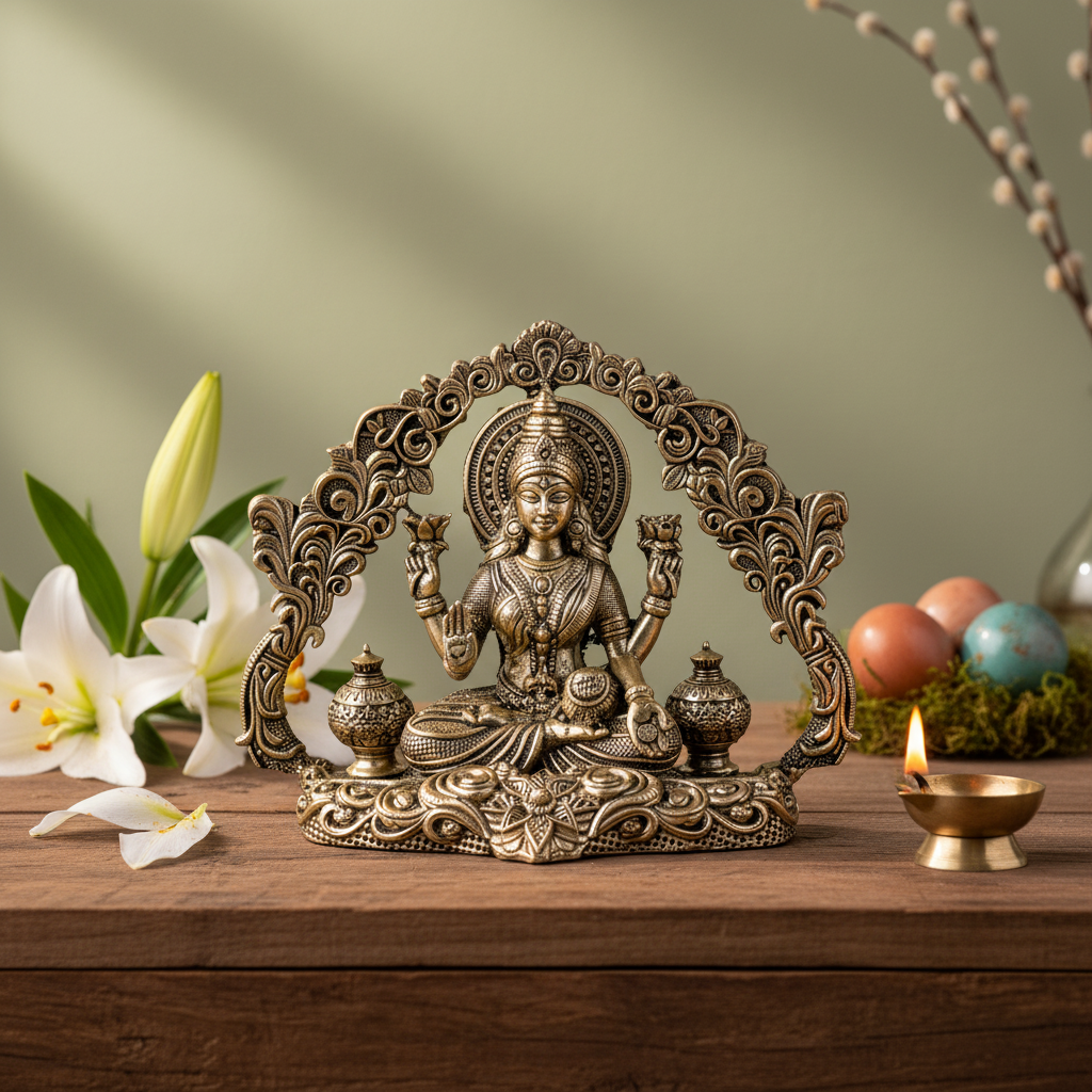 Antique Brass Goddess Lakshmi Idol with Decorative Arch