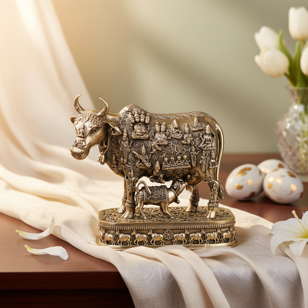 Antique Brass Cow & Calf Idol – Kamdhenu Statue