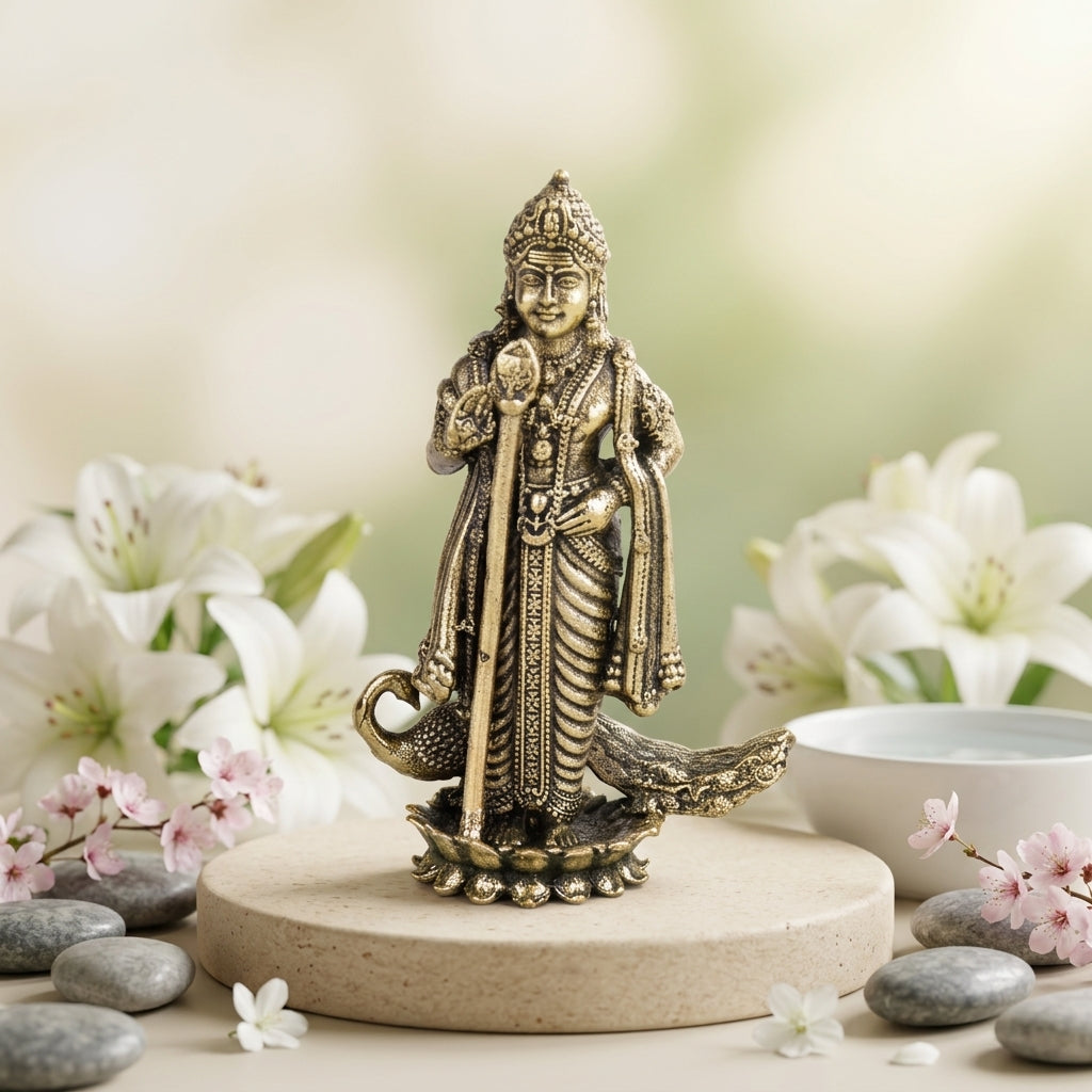 Antique Brass Lord Kartikeya Idol – Murugan Swami with Vel & Peacock
