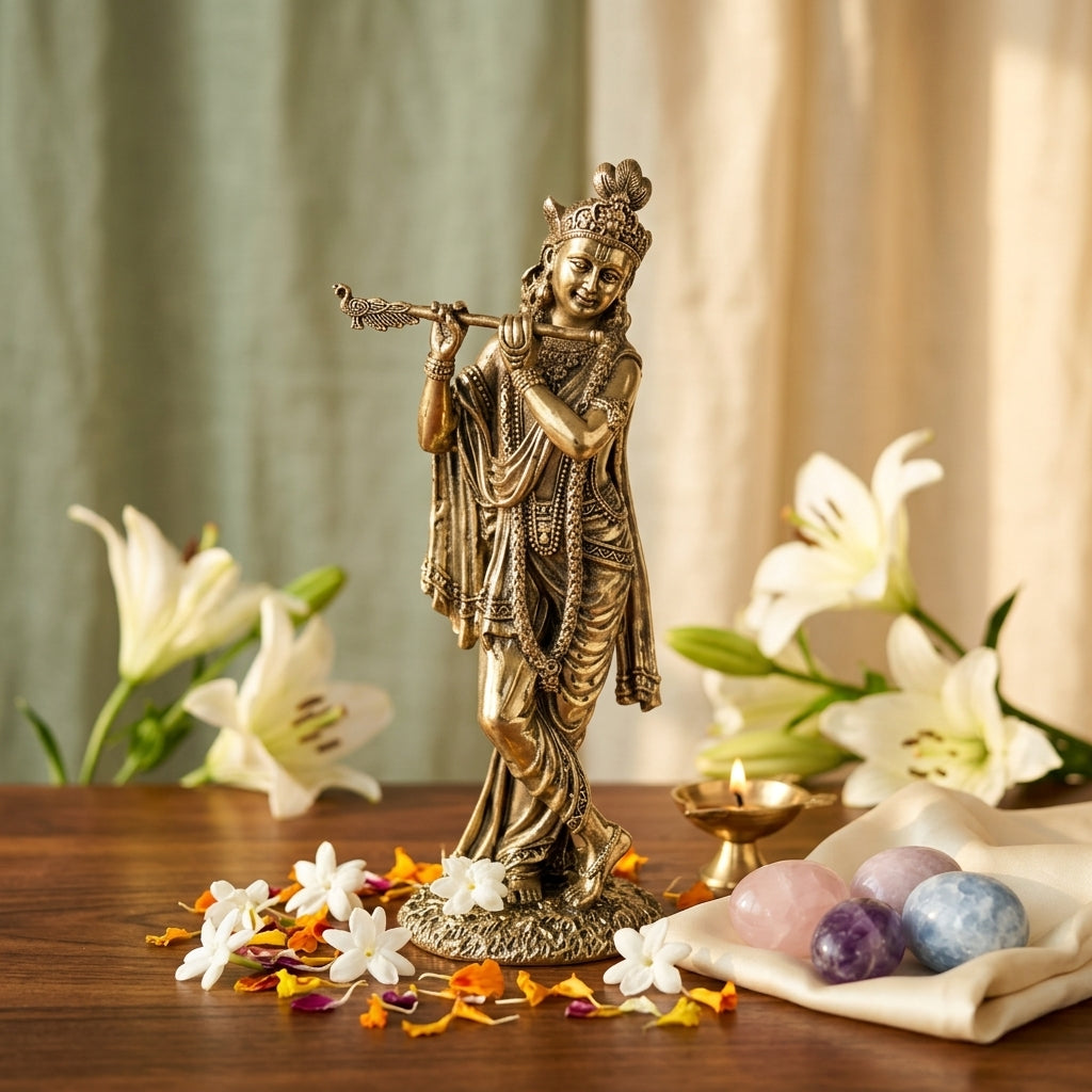 Antique Brass Krishna Idol Playing Flute – Kanha Murti for Love & Peace