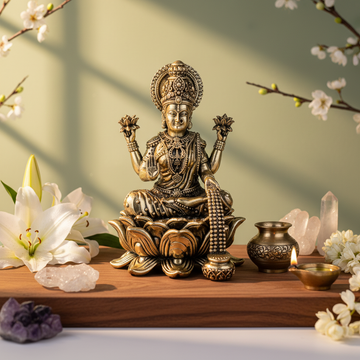 Fine Brass Maa Lakshmi Idol on Lotus – Medium Size