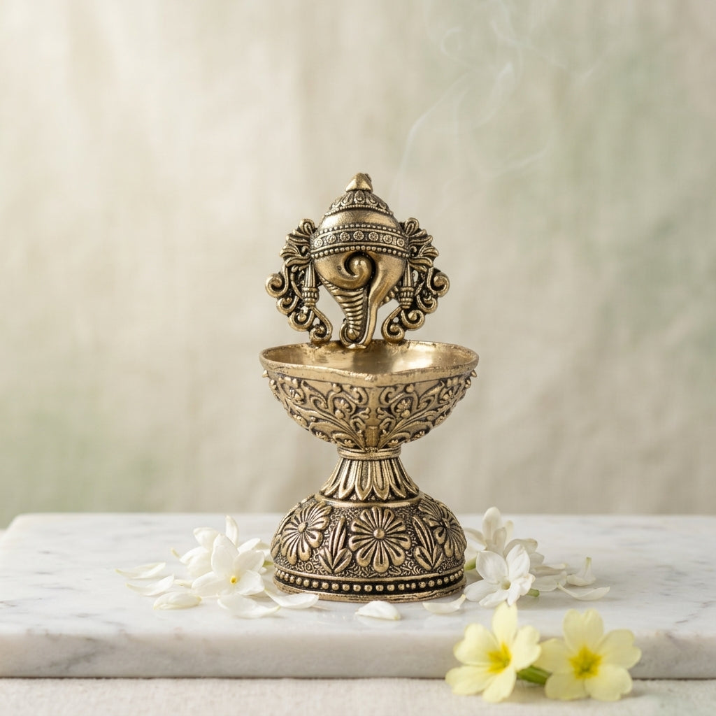 Antique Brass Shankh Diya Stand | Conch Design Oil Lamp
