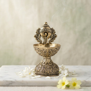 Antique Brass Shankh Diya Stand | Conch Design Oil Lamp