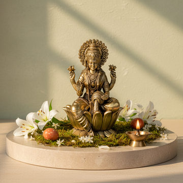 Antique Brass Goddess Lakshmi Idol Sitting on Lotus