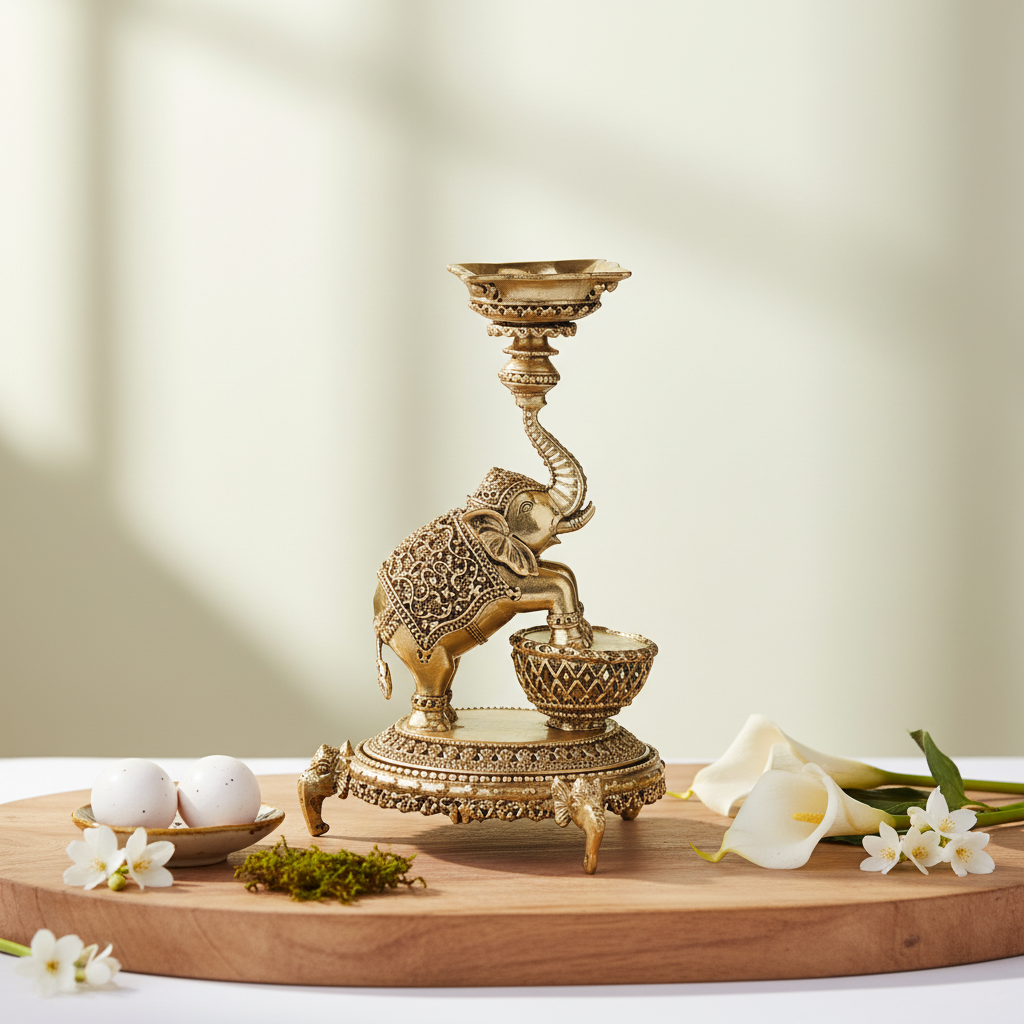 Fine Brass Elephant Diya Oil Lamp for Home Temple & Décor – Medium Size