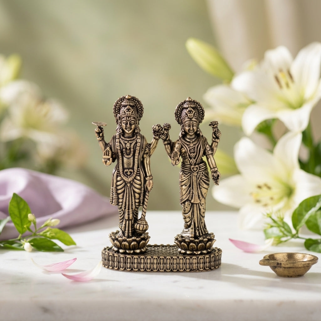 Antique Brass Lakshmi Vishnu Idol Set | Fine Brass Laxmi Narayan Murti