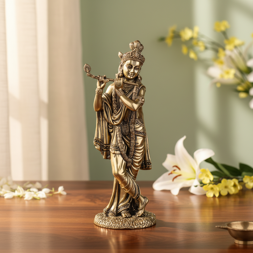 Antique Brass Lord Krishna Flute Idol – Murli Manohar Statue