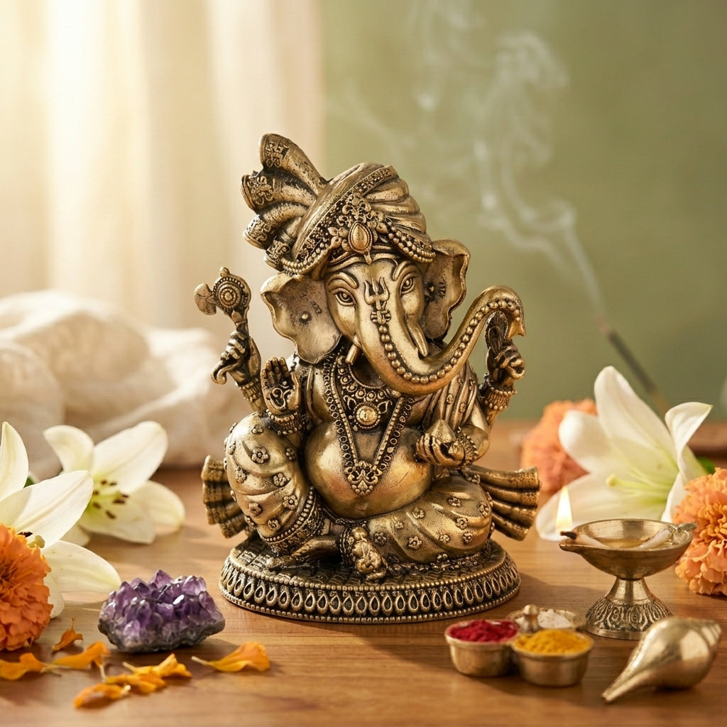 Antique Brass Lord Ganesha Idol Sitting | Ganpati Murti for Pooja