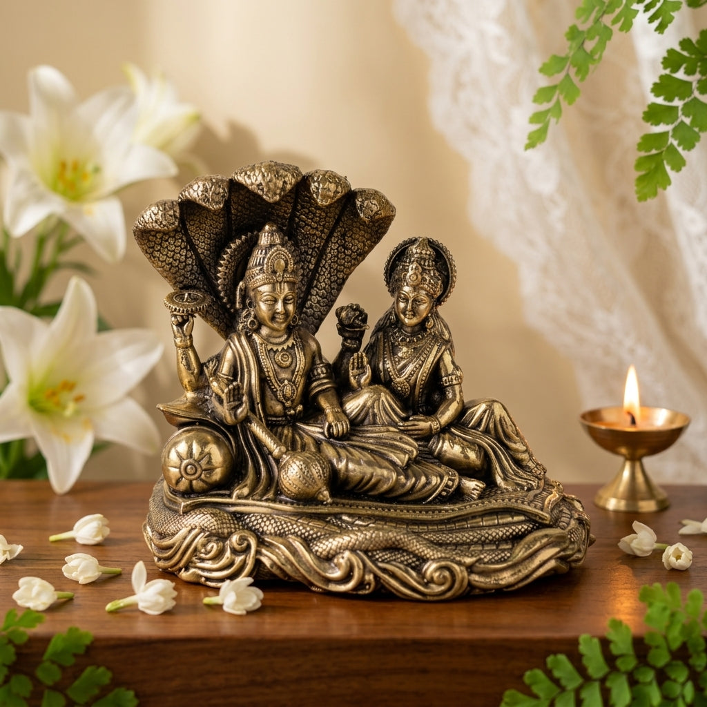 Fine Brass Vishnu Lakshmi Idol on Sheshnag – Decorative Spiritual Showpiece