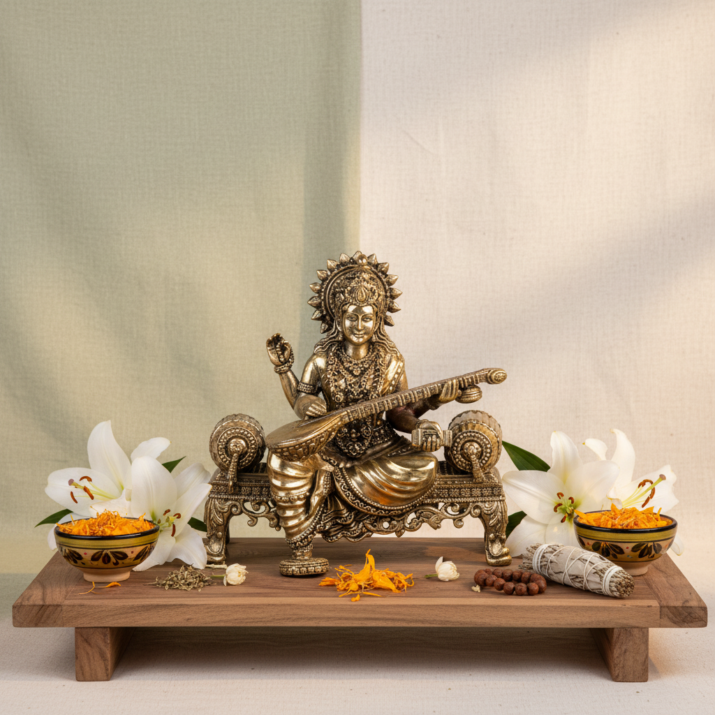 Antique Brass Goddess Saraswati Playing Veena on Sofa Idol